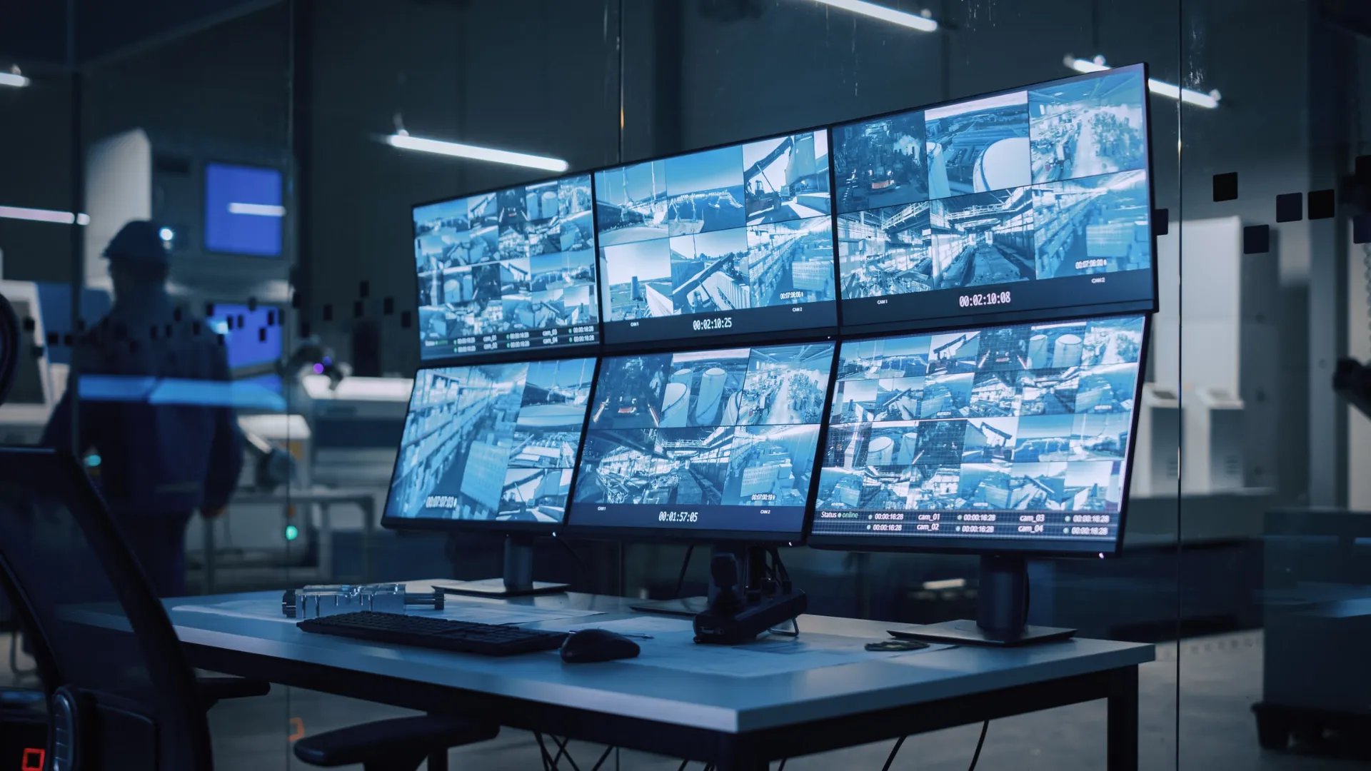 Centre de surveillance SERELYS SÉCURITÉ en Vendée avec écrans de vidéosurveillance multi-caméras affichant flux temps réel d'infrastructures critiques