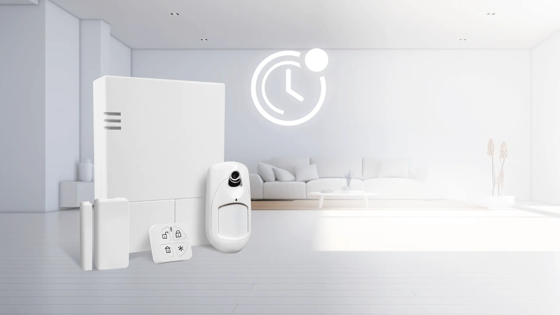 Système de sécurité connecté SERELYS SÉCURITÉ en Vendée : capteur de mouvement, clavier de commande, centrale d'alarme et horloge connectée pour surveillance résidentielle