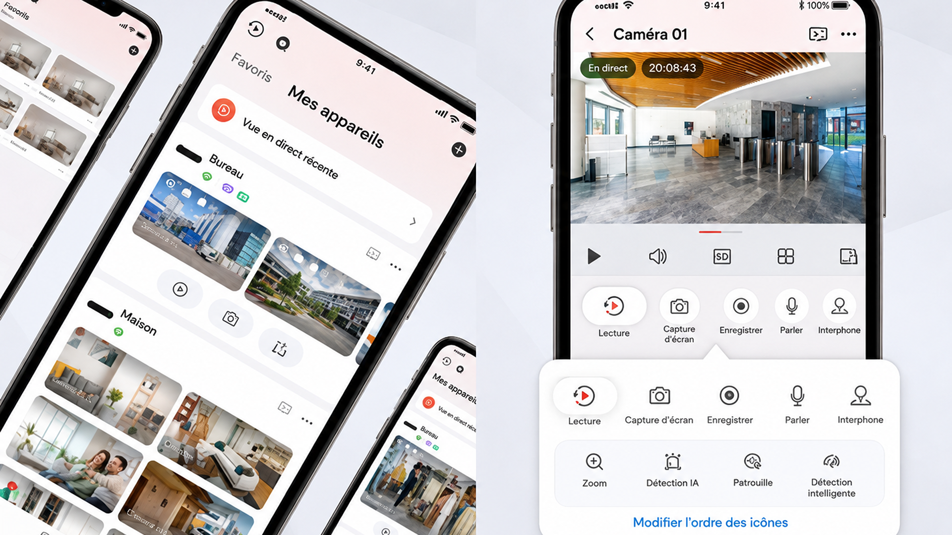 Interface d'application de vidéosurveillance SERELYS SÉCURITÉ en Vendée affichant plusieurs caméras IP, vue en direct d'un bureau moderne avec contrôles de streaming vidéo et options de détection IA