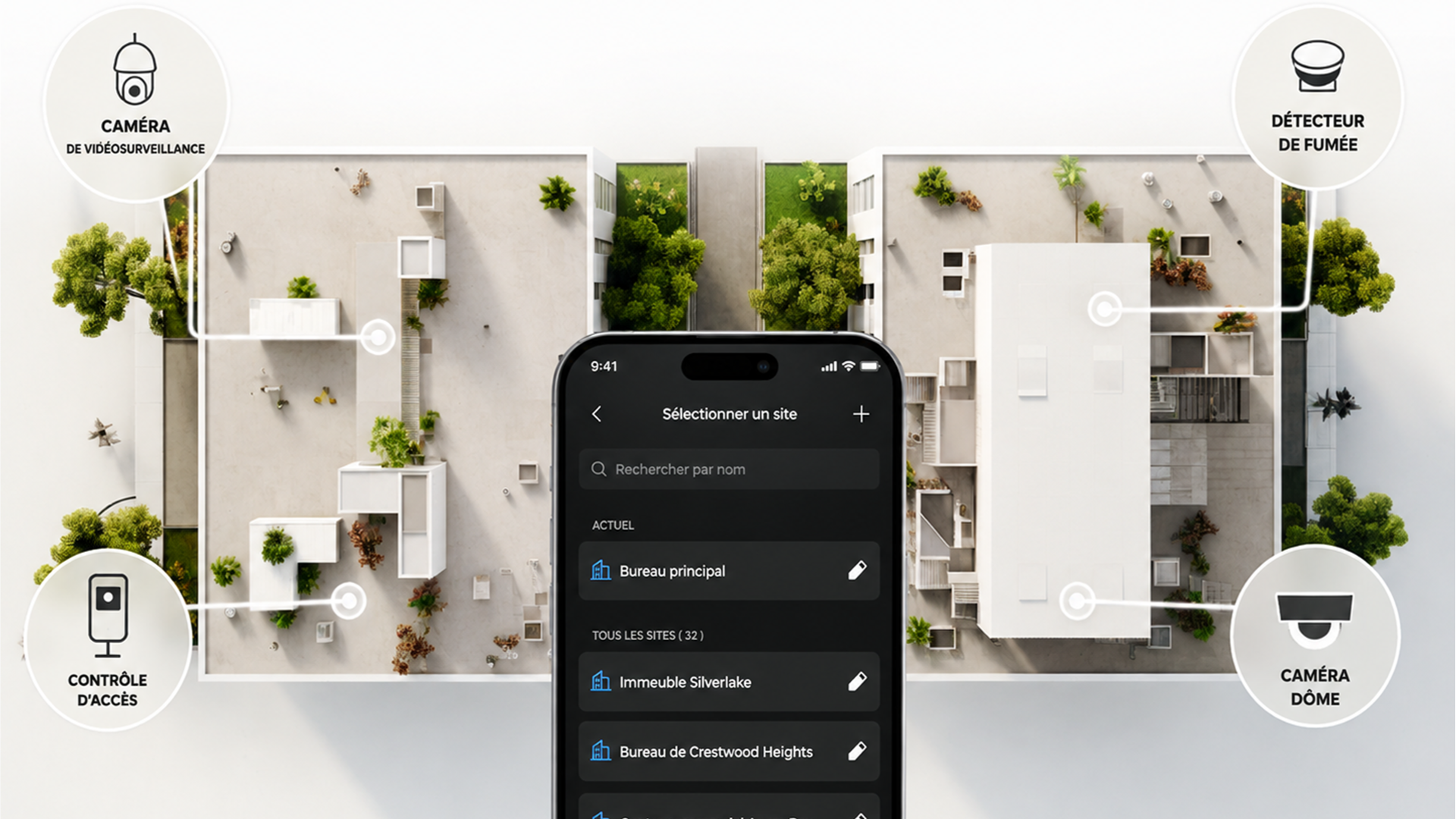 Interface mobile SERELYS SÉCURITÉ montrant la gestion multi-sites de vidéosurveillance en Vendée, avec vue aérienne d'un immeuble et icônes de caméras, détecteur de fumée et contrôle d'accès